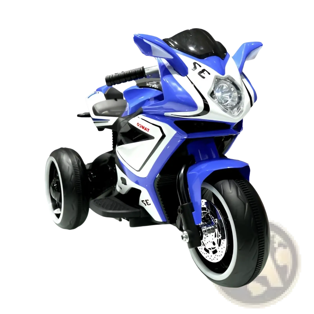 Blue and white three-wheeled kids electric motorcycle with black tires and chrome accents for children riding