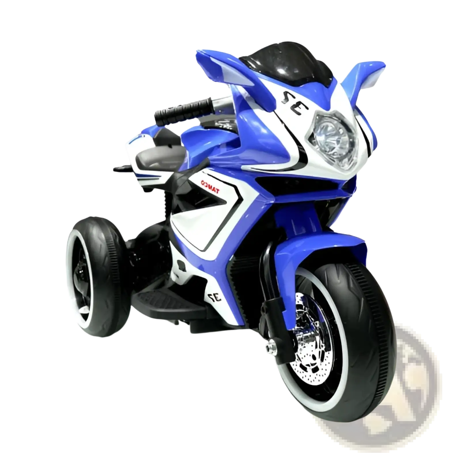 Blue and white three-wheeled kids electric motorcycle with black tires and chrome accents for children riding