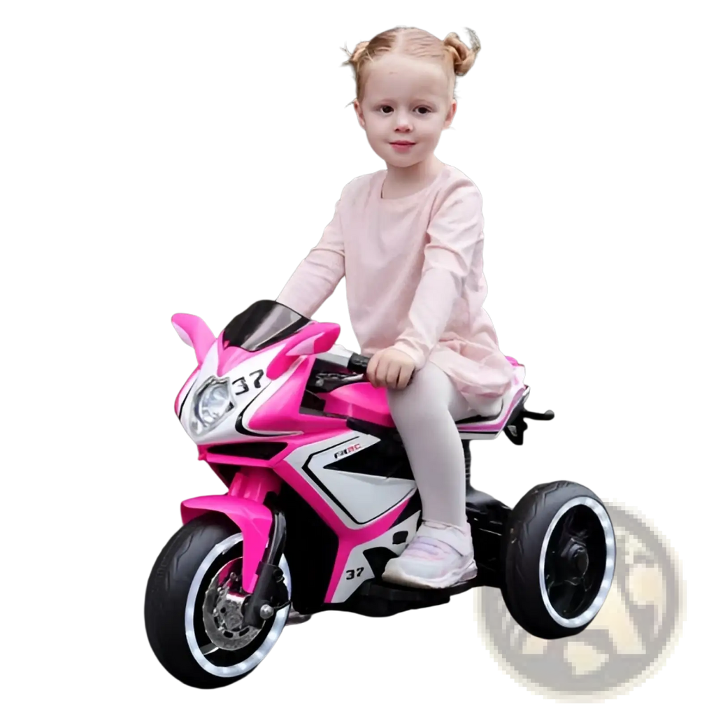 Pink and black 6v kids electric ride on motorcycle with white accents for children riding outdoors
