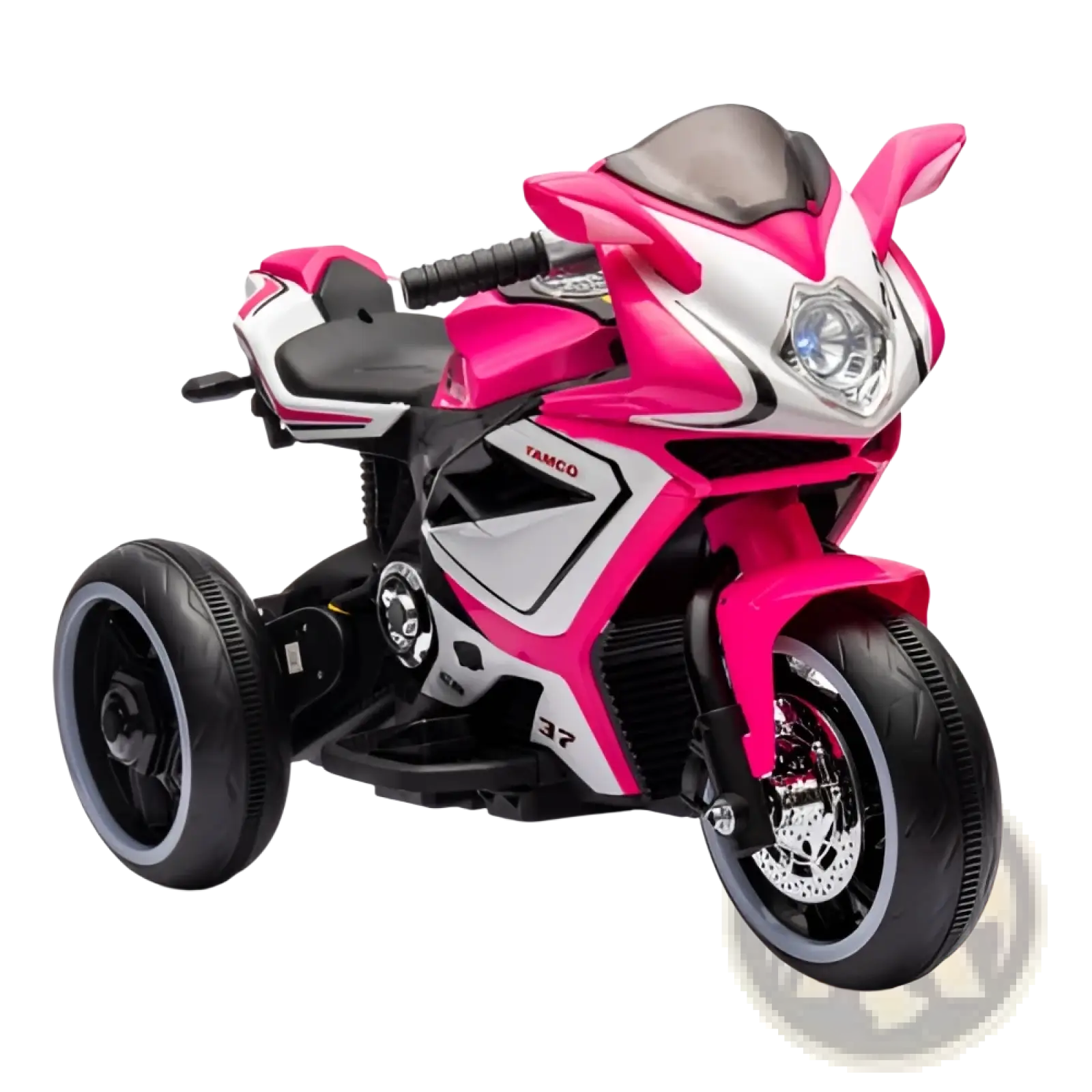 Pink and white 6v kids electric ride on motorcycle with black tires and handlebars for children riding fun