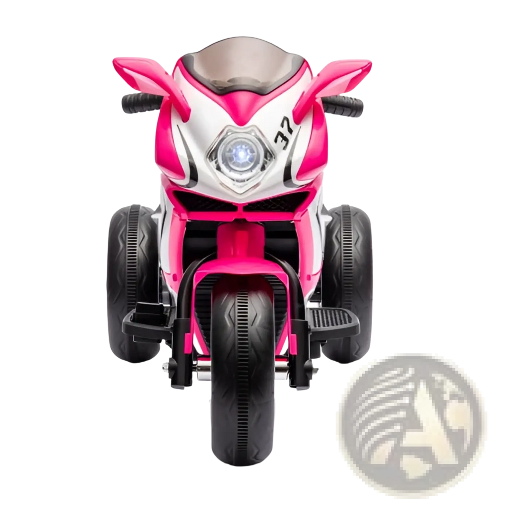 Pink and white 6v kids electric ride on motorcycle three-wheeled with black tires shown from the back side