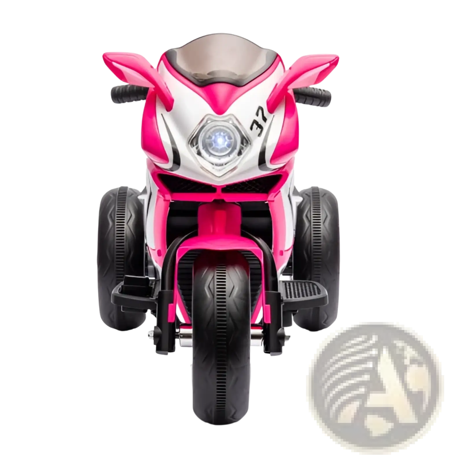 Pink and white 6v kids electric ride on motorcycle three-wheeled with black tires shown from the back side