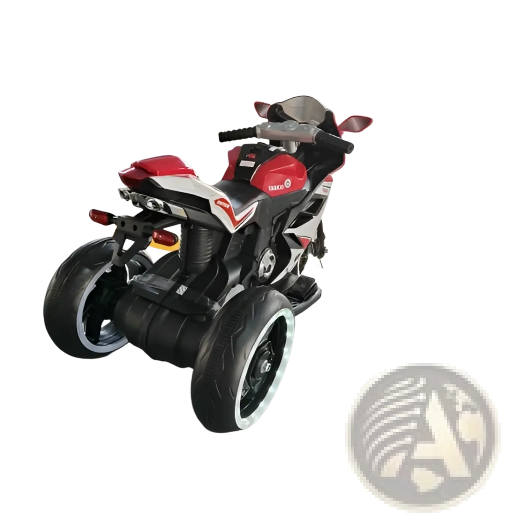 6v kids electric ride on motorcycle in red and white with three wheels black tires and silver accents