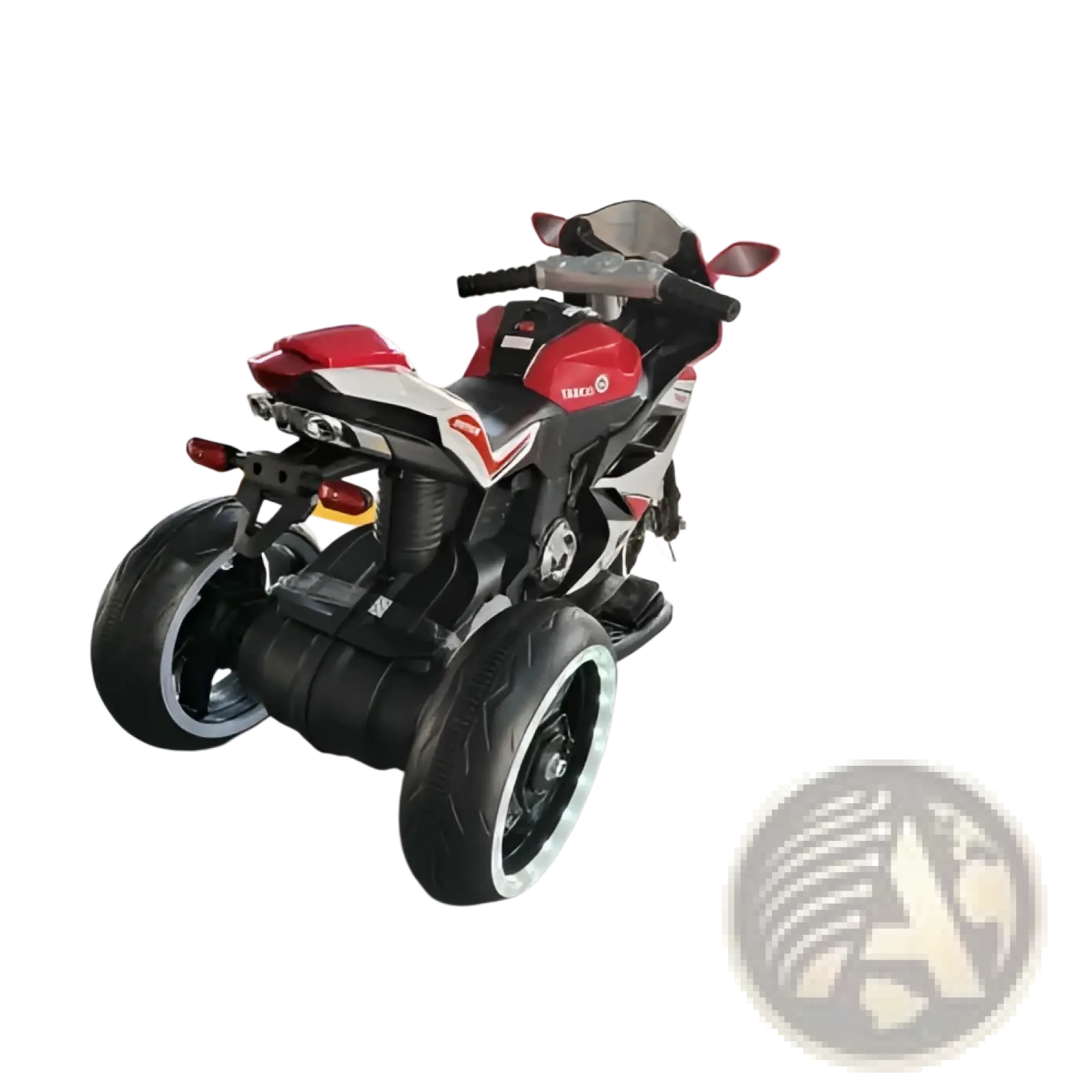 6v kids electric ride on motorcycle in red and white with three wheels black tires and silver accents