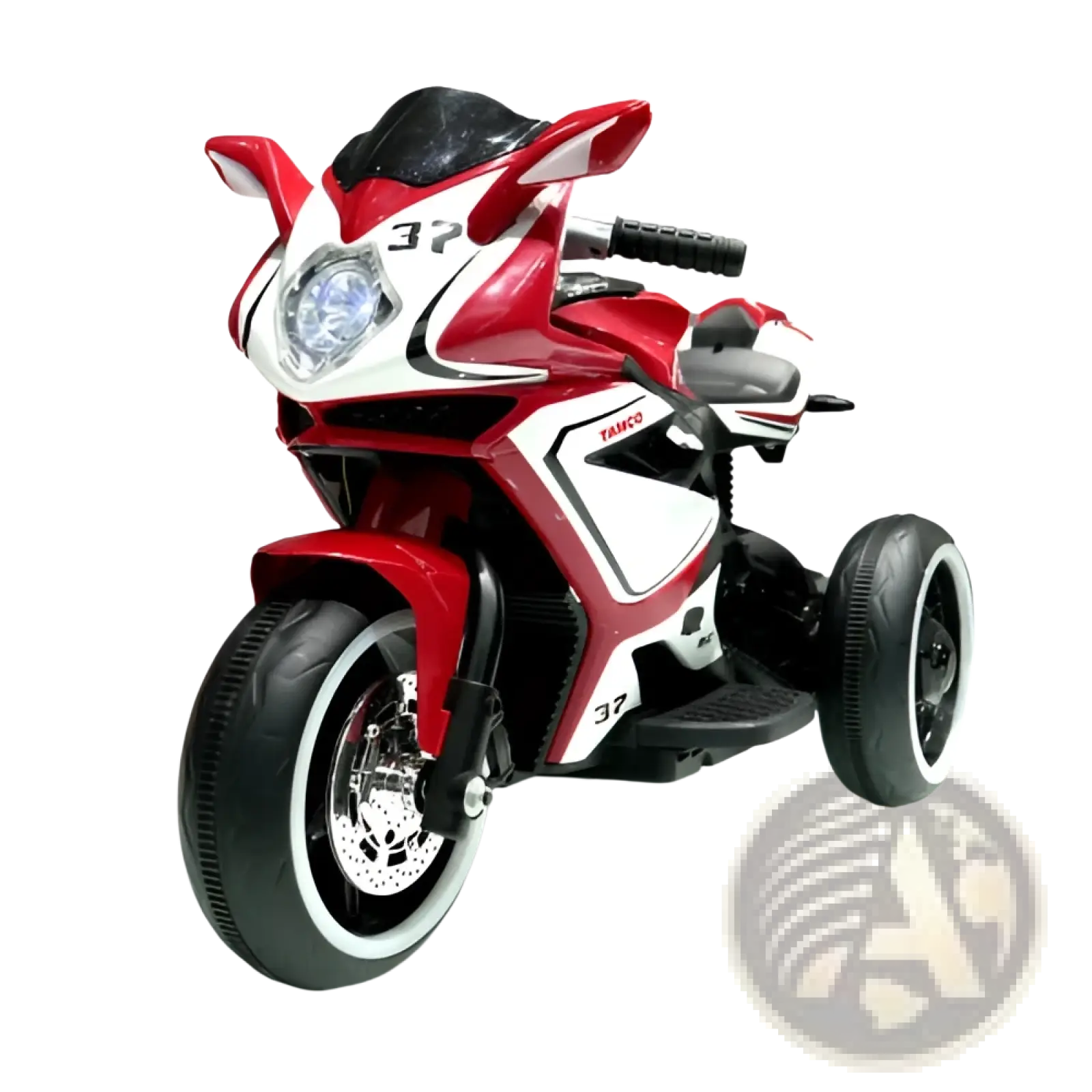 Red and white 6v kids electric three-wheeled motorcycle with black accents and sporty racing bike design for children