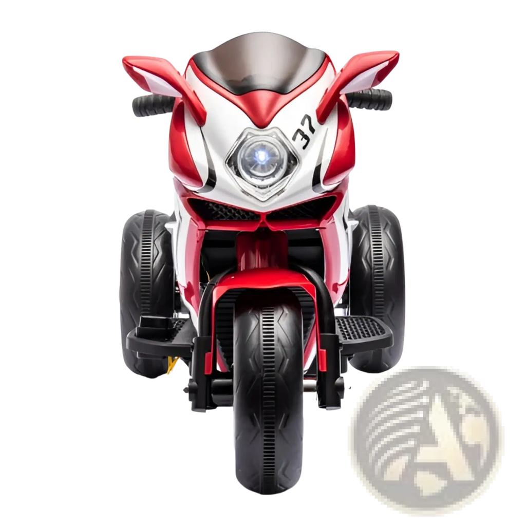Red and white 6v kids electric ride on motorcycle with three wheels black tires and handlebars for young children