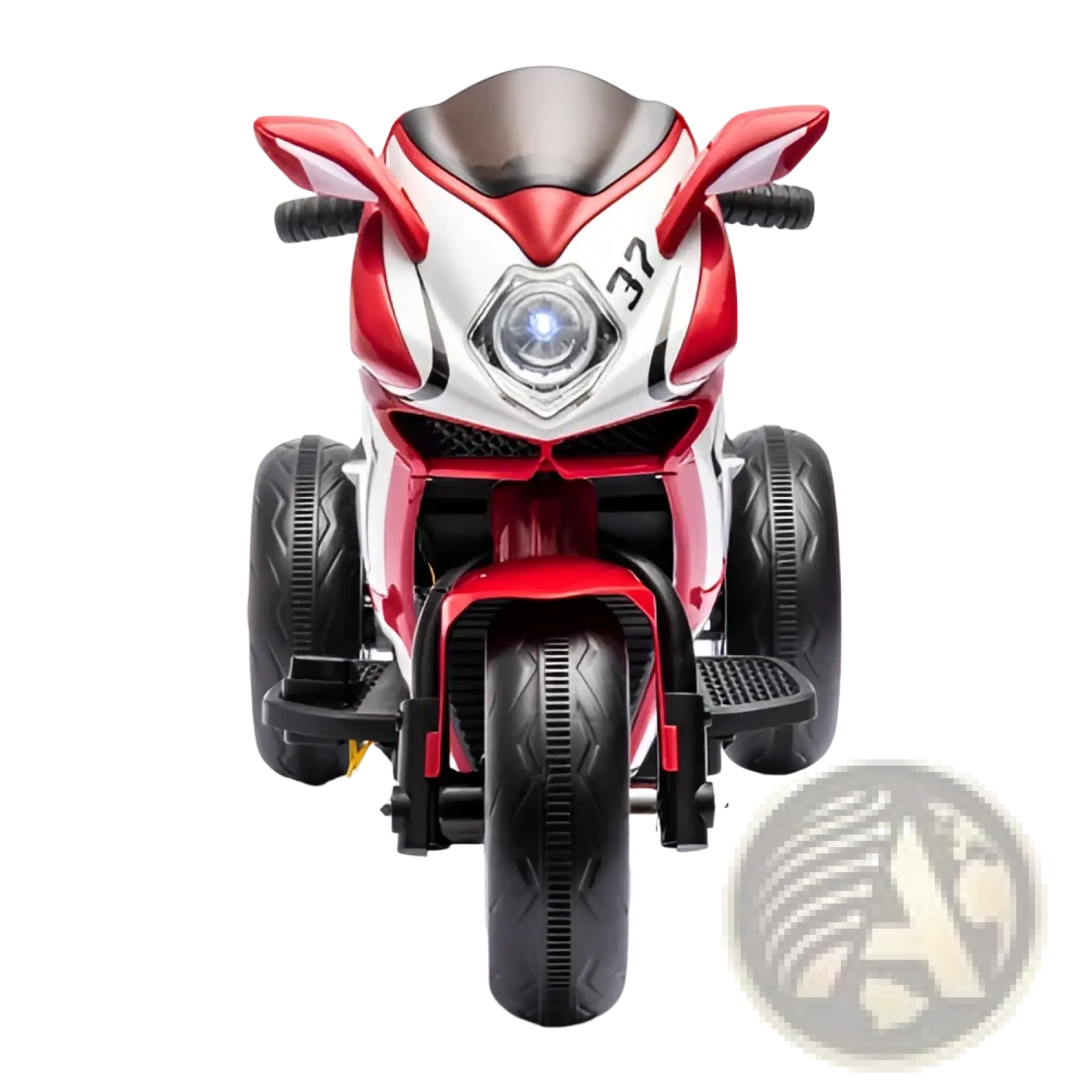 Red and white 6v kids electric ride on motorcycle with three wheels black tires and handlebars for young children