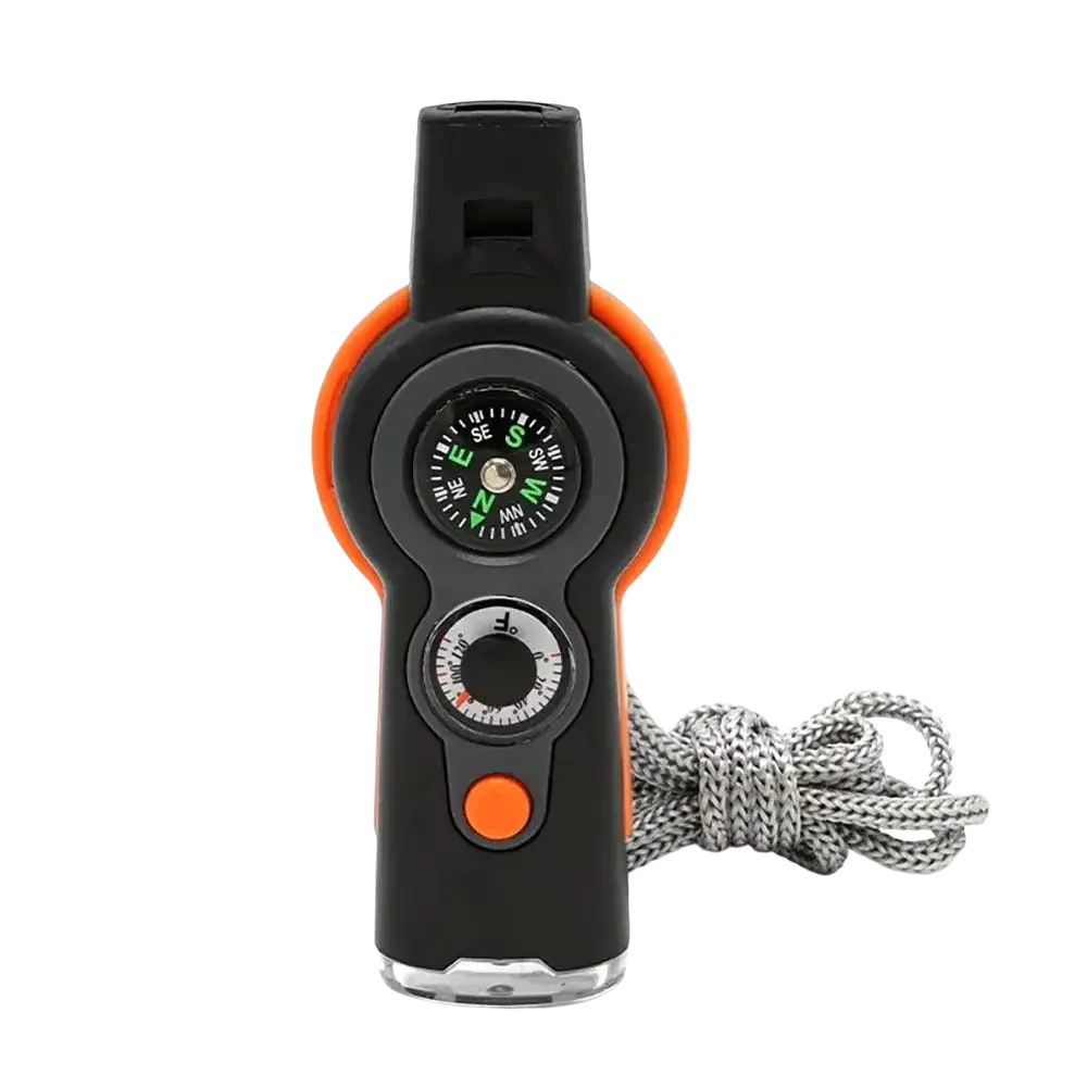 Black and orange 7-in-1 outdoor survival whistle with integrated compass textured grip and gray braided cord attached