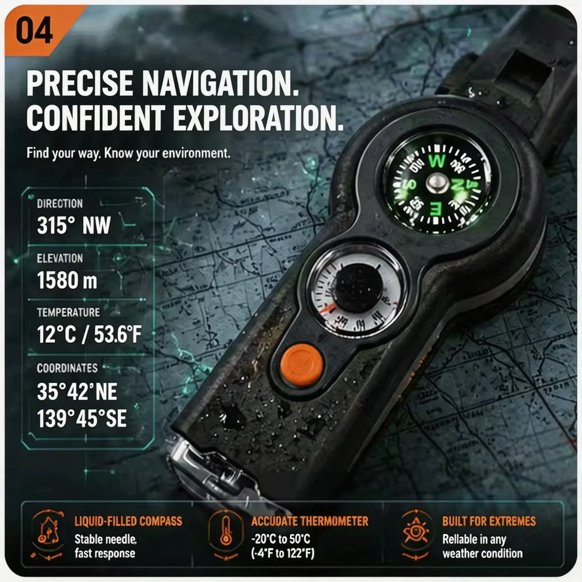 Black rugged 7-in-1 outdoor survival whistle and multitool compass with green-lit dial orange button and liquid-filled navigation