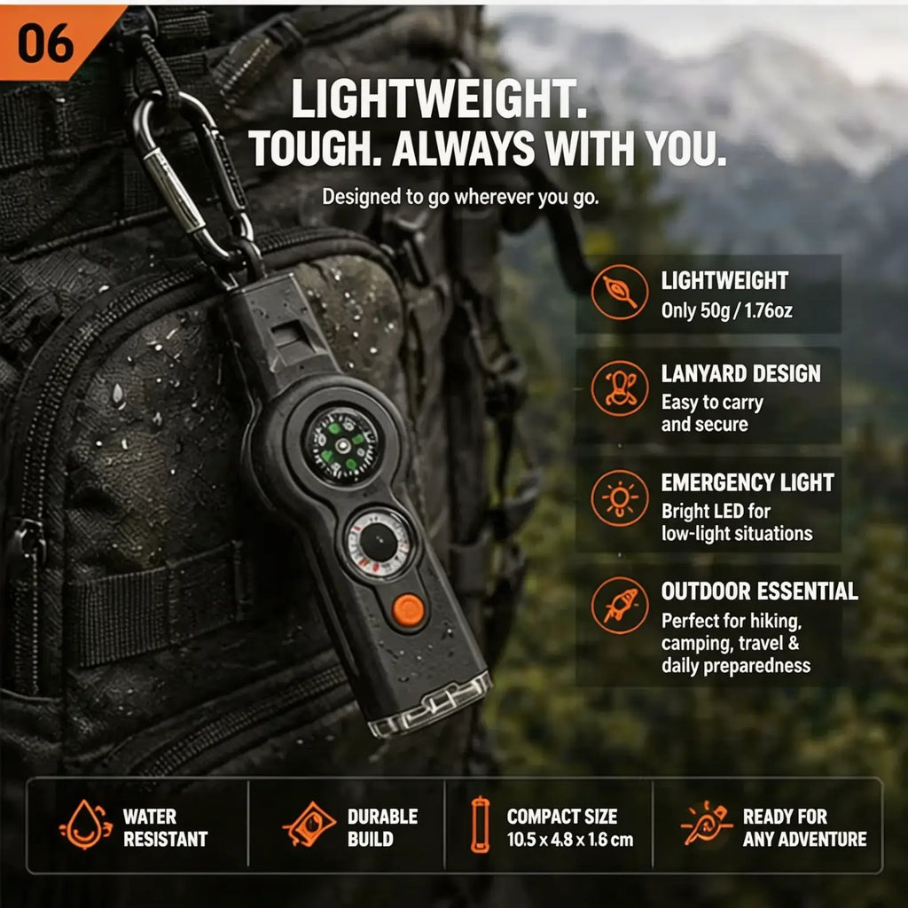 Black compact 7 in 1 survival whistle compass flashlight with emergency led light and orange button for outdoor use