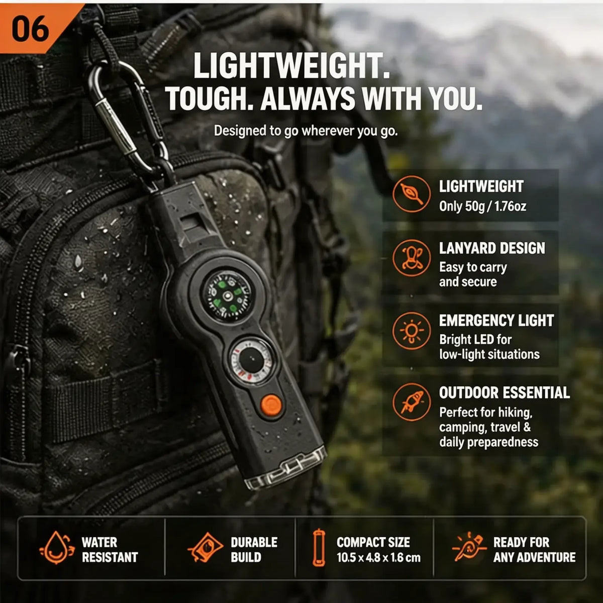 Black compact 7 in 1 survival whistle compass flashlight with emergency led light and orange button for outdoor use