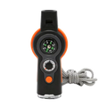 Black and orange 7 in 1 survival whistle with integrated compass, textured grip, and gray braided cord for outdoor use