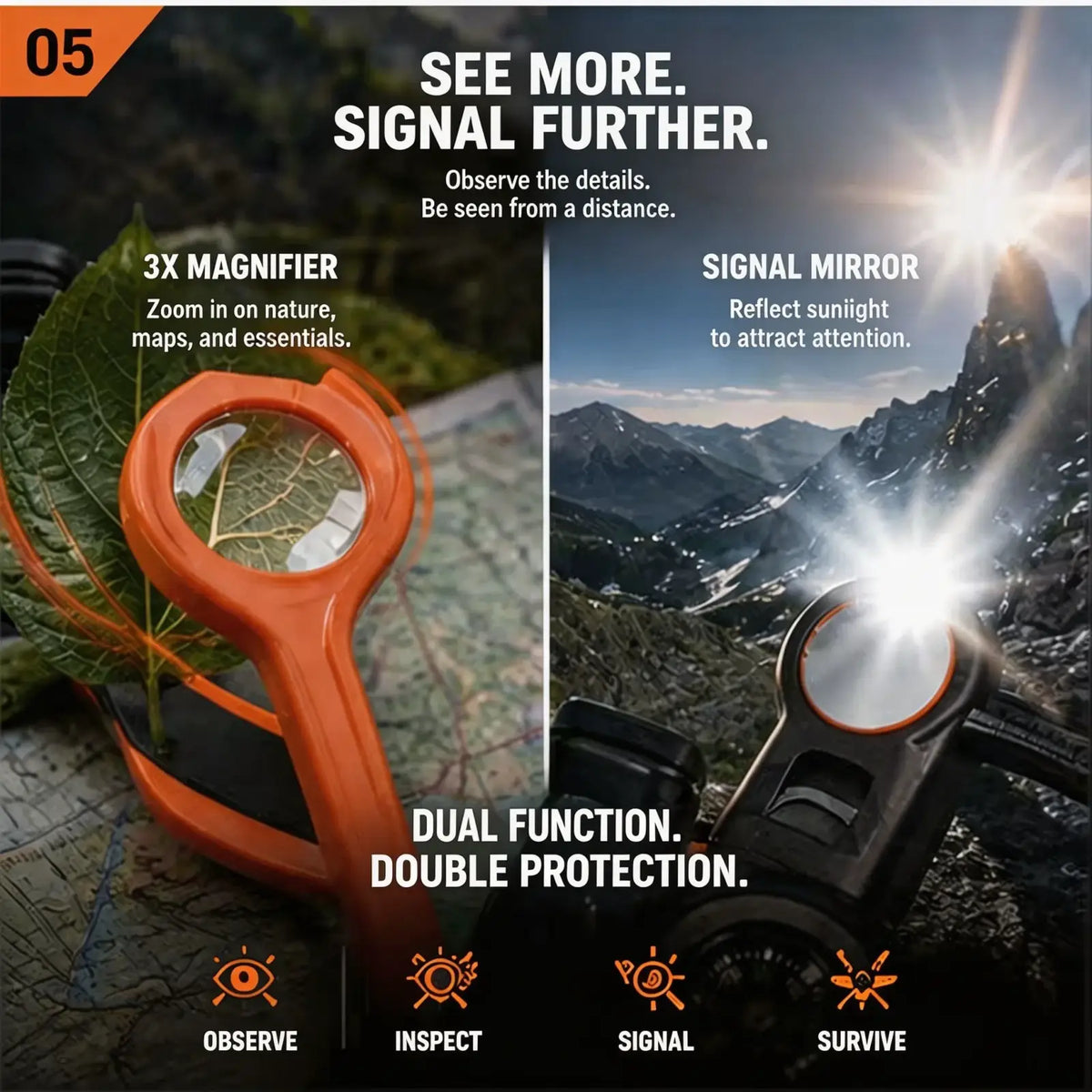 Orange handheld magnifier with circular lens and ergonomic handle designed for outdoor use in 7 in 1 survival tool