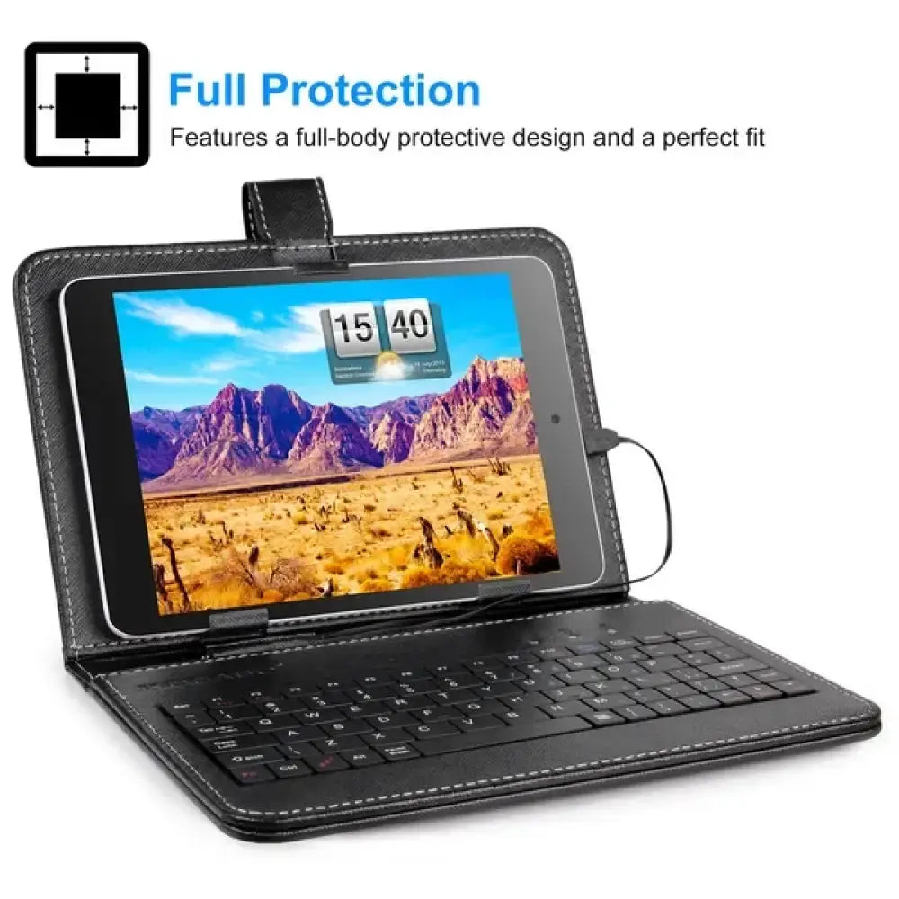 Black pu leather tablet case with integrated keyboard and stand for enhanced typing and device protection