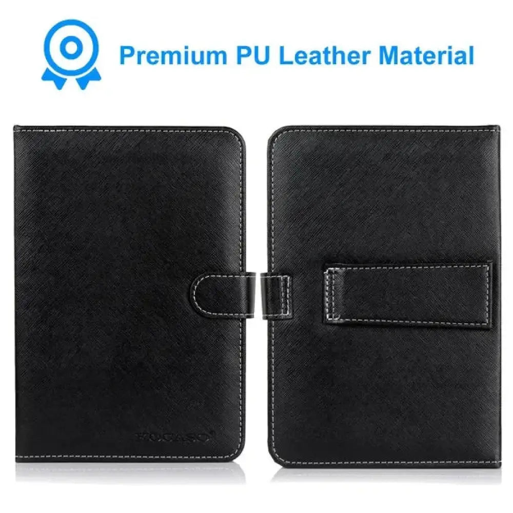 Black pu leather tablet case with integrated keyboard textured surface and white stitching along edges
