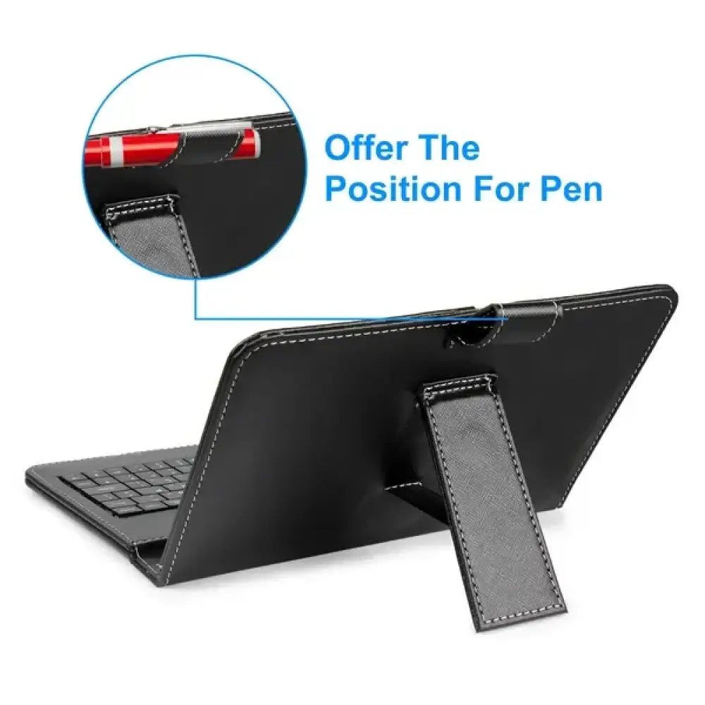 Black pu leather tablet case with integrated keyboard and stand featuring a pen slot for stylus storage