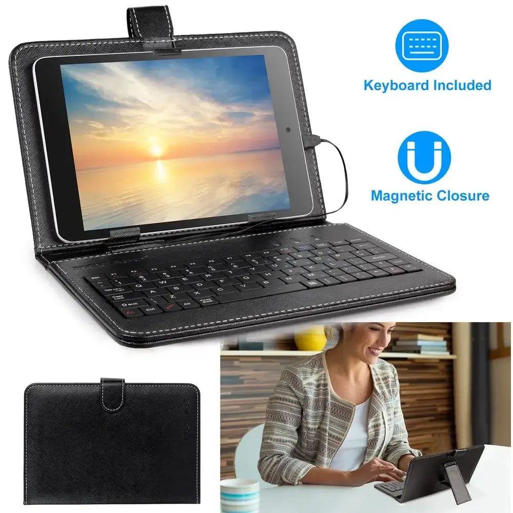 Black premium pu leather tablet case with integrated keyboard and magnetic closure for secure protection