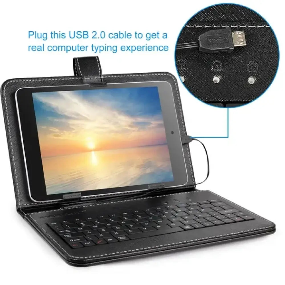 Black premium pu leather tablet case with integrated keyboard and USB 2.0 cable for connectivity