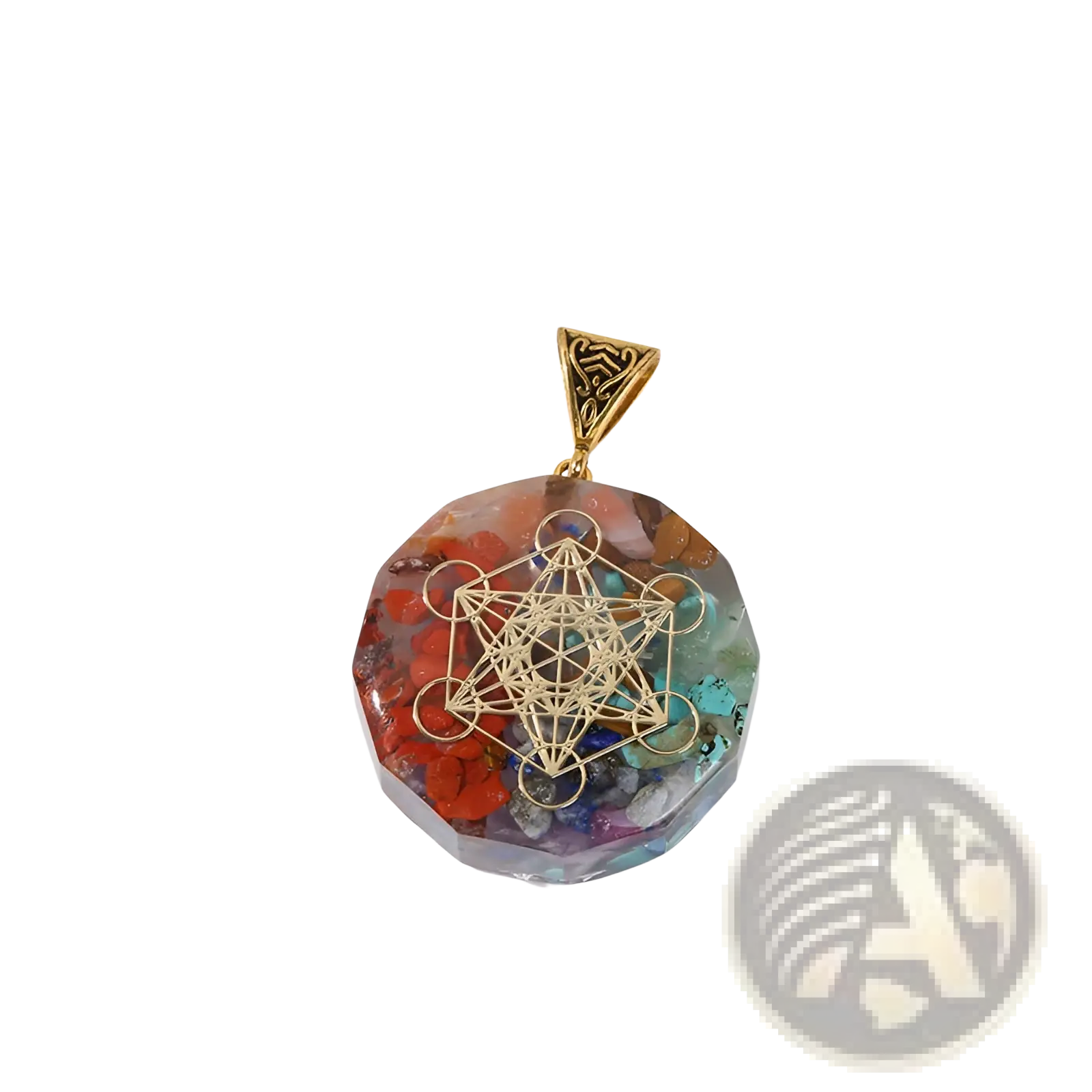 A gold-toned 7 chakra natural stone pendant necklace with geometric metatrons cube and colorful resin crystals