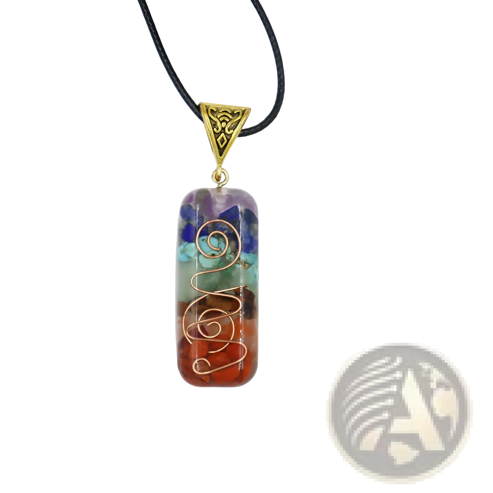 A rectangular 7 chakra pendant necklace with layered rainbow resin, natural stones, and gold-toned wire filigree design