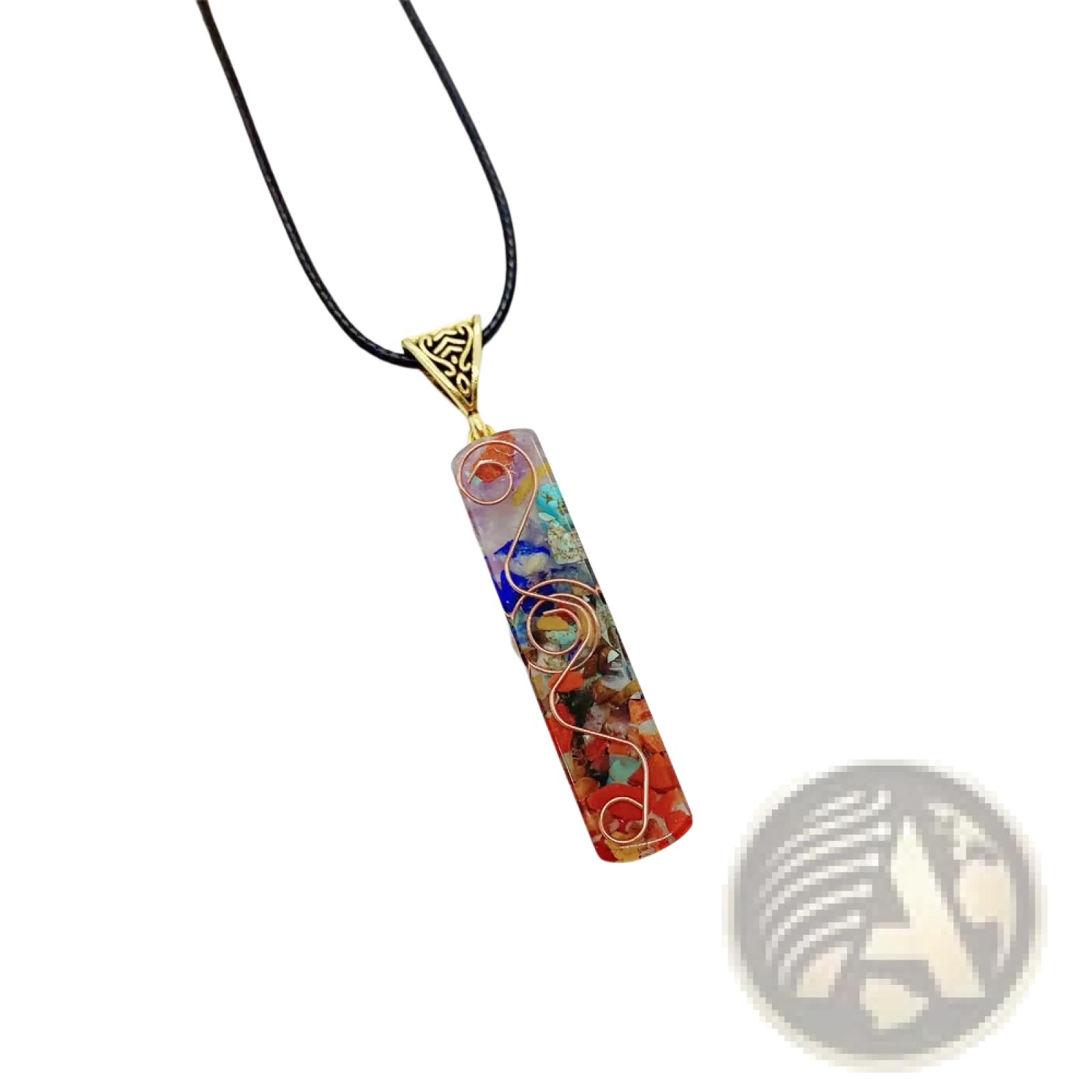 A vibrant rectangular 7 chakra natural stone resin pendant with gold wire swirls on a black cord necklace