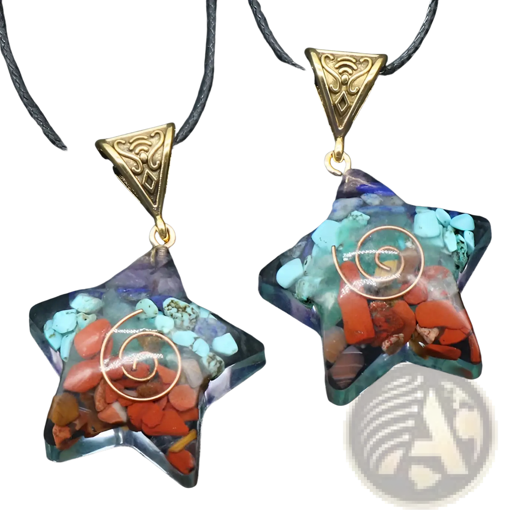 Star-shaped resin pendants with colorful stones and gold-tone spiral wire hanging from ornate triangular brass clasps