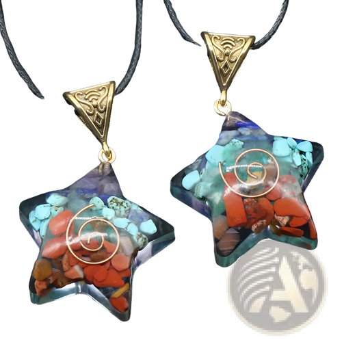 Star-shaped resin pendants with colorful stones and gold-tone spiral wire hanging from ornate triangular brass clasps