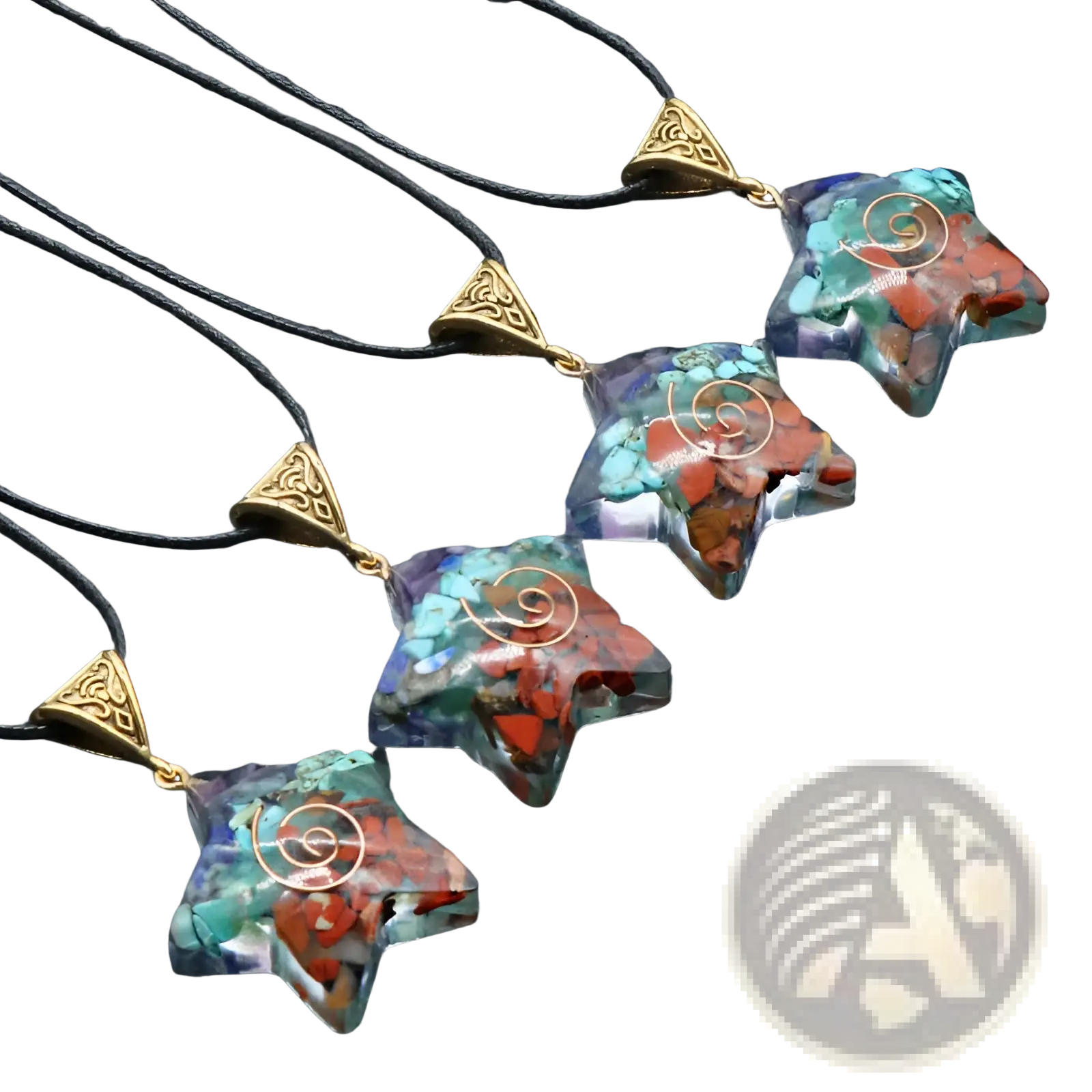 Star-shaped resin 7 chakra pendant necklace with turquoise and red stones and gold spiral filigree design