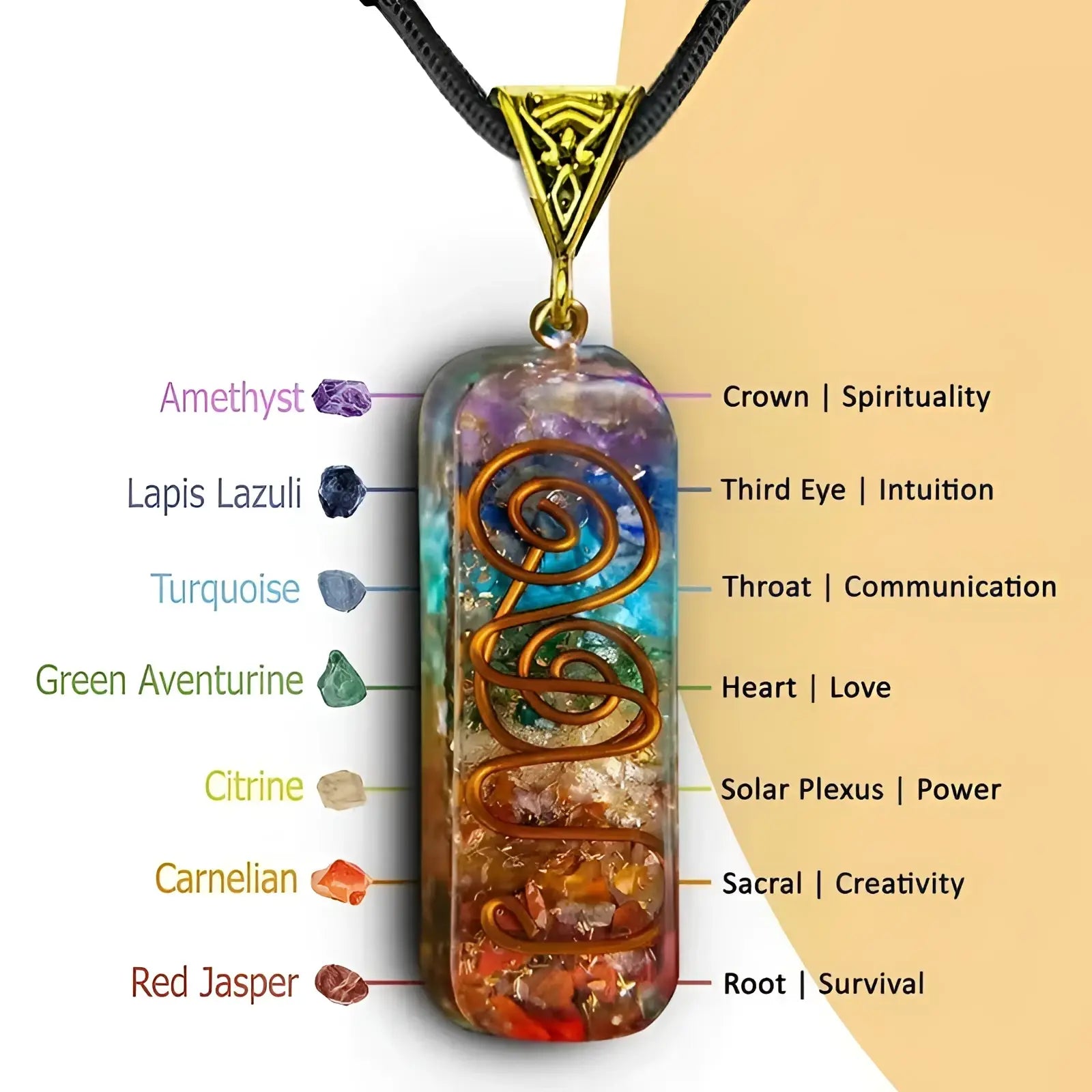 A vertically oriented resin pendant necklace with colorful chakra crystals and a golden spiral filigree design