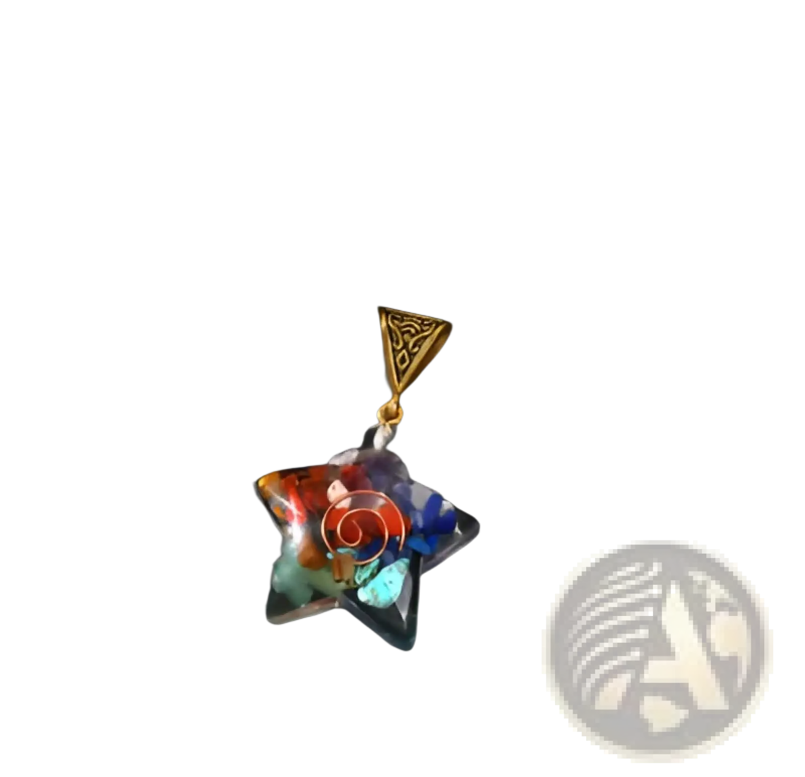 A vibrant star-shaped 7 chakra natural stone pendant with colorful gemstones encased in clear resin on gold clasp