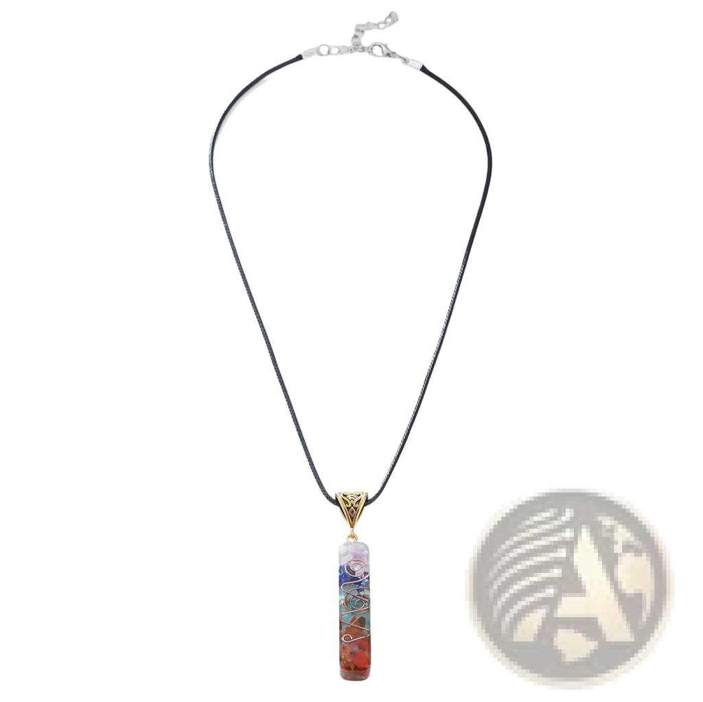 A colorful vertical 7 chakra natural stone healing pendant necklace with gemstones and wirework on a black cord