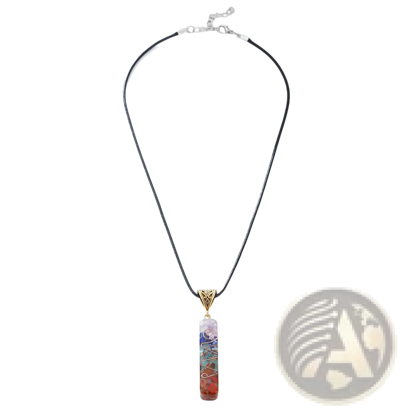 A colorful vertical 7 chakra natural stone healing pendant necklace with gemstones and wirework on a black cord