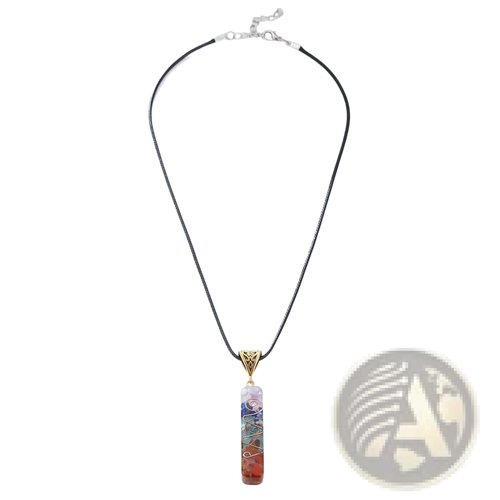 A colorful vertical 7 chakra natural stone healing pendant necklace with gemstones and wirework on a black cord