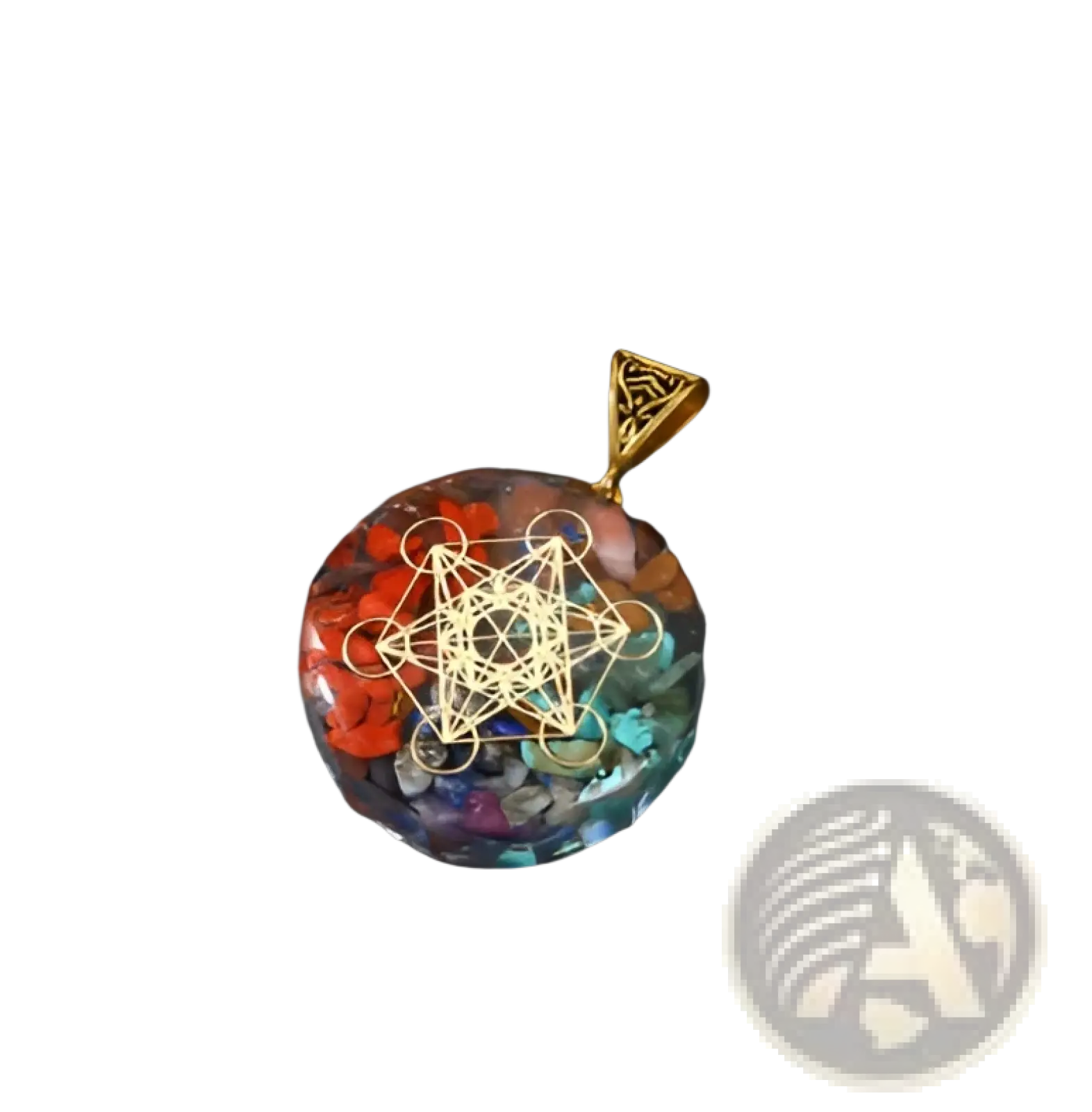 A round colorful resin 7 chakra natural stone pendant necklace with embedded gemstones and golden geometric design