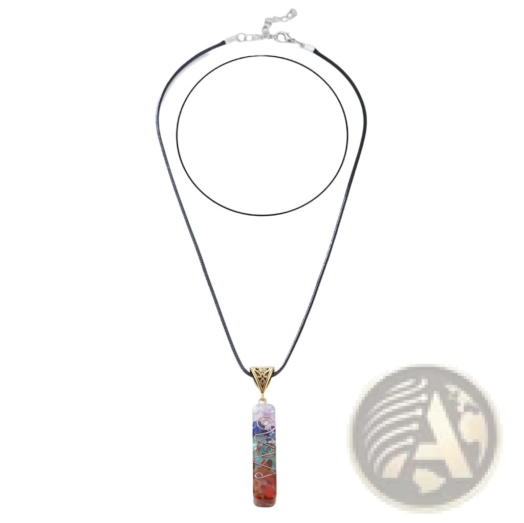 A colorful vertically oriented 7 chakra resin pendant with gemstone swirls and wirework hangs from a black cord