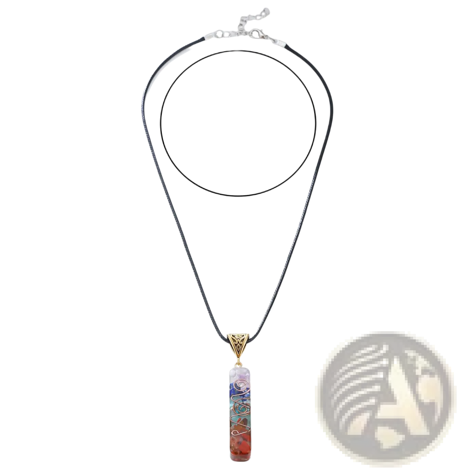 A colorful vertically oriented 7 chakra resin pendant with gemstone swirls and wirework hangs from a black cord