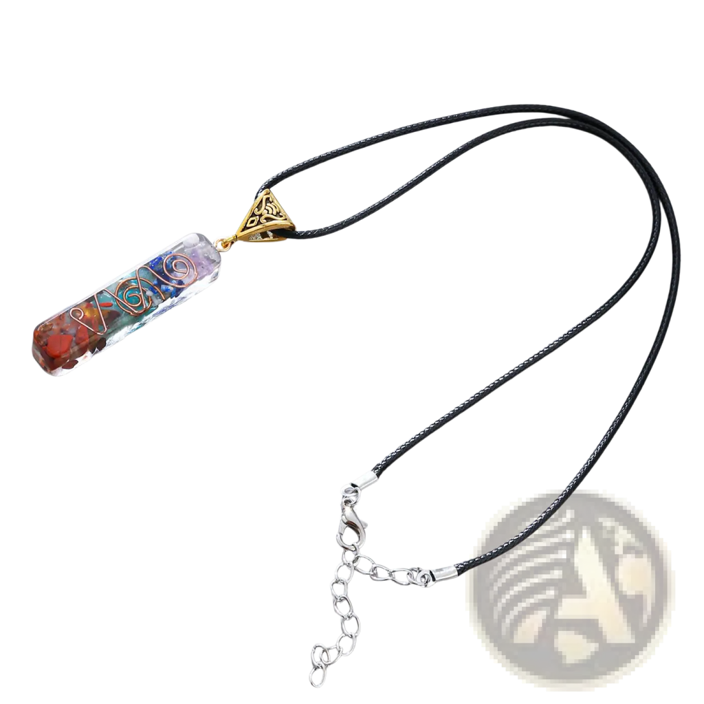 A colorful rectangular 7 chakra natural stone resin pendant with embedded gemstones and wirework on black cord necklace