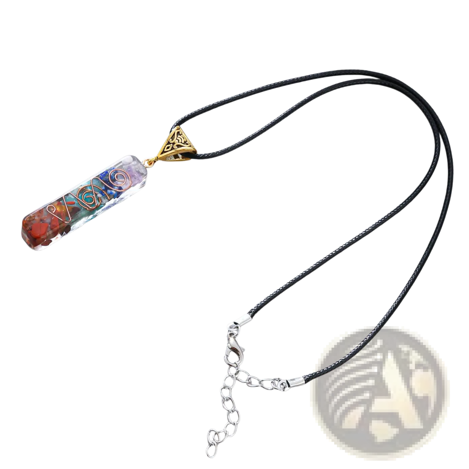 A colorful rectangular 7 chakra natural stone resin pendant with embedded gemstones and wirework on black cord necklace