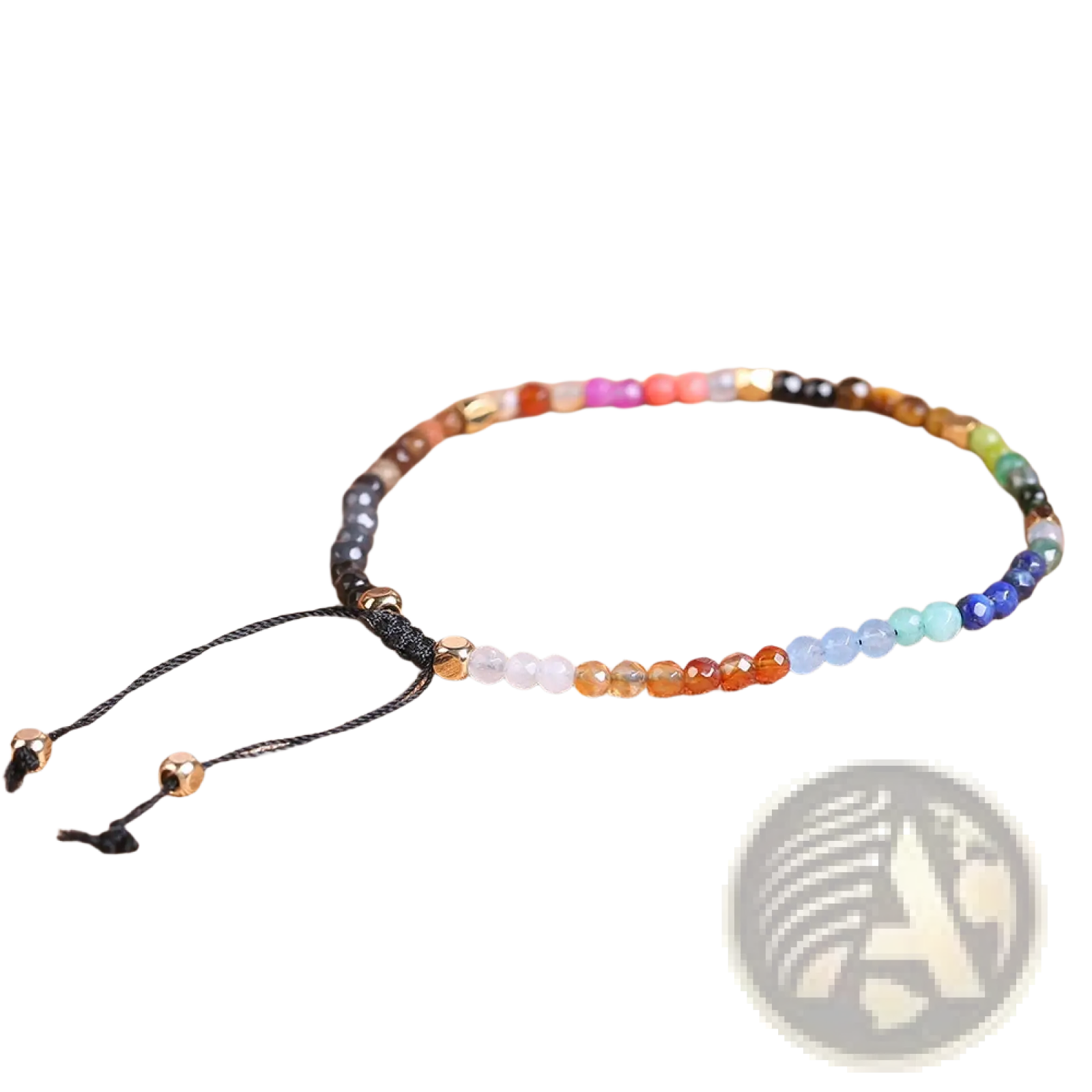 A colorful 7 chakras constellation agate bracelet with gold accents and black cord featuring gemstone beads