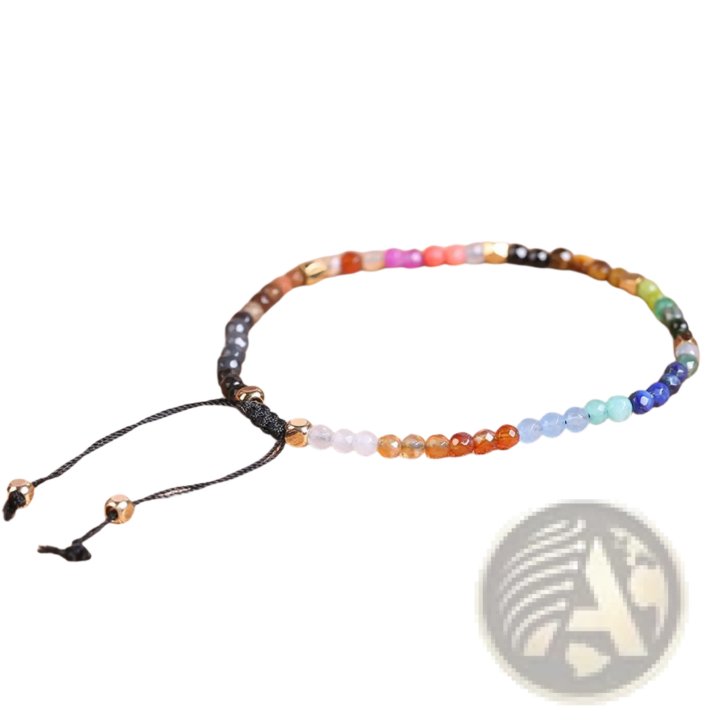 A colorful 7 chakras constellation agate bracelet with gold accents and black cord featuring gemstone beads