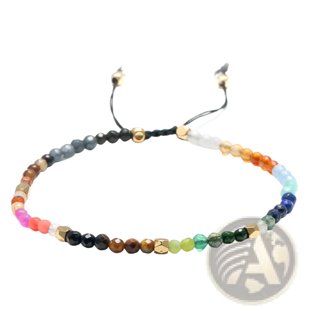 7 chakras constellation agate bracelet with colorful gemstones black adjustable cord and gold-toned metal accents