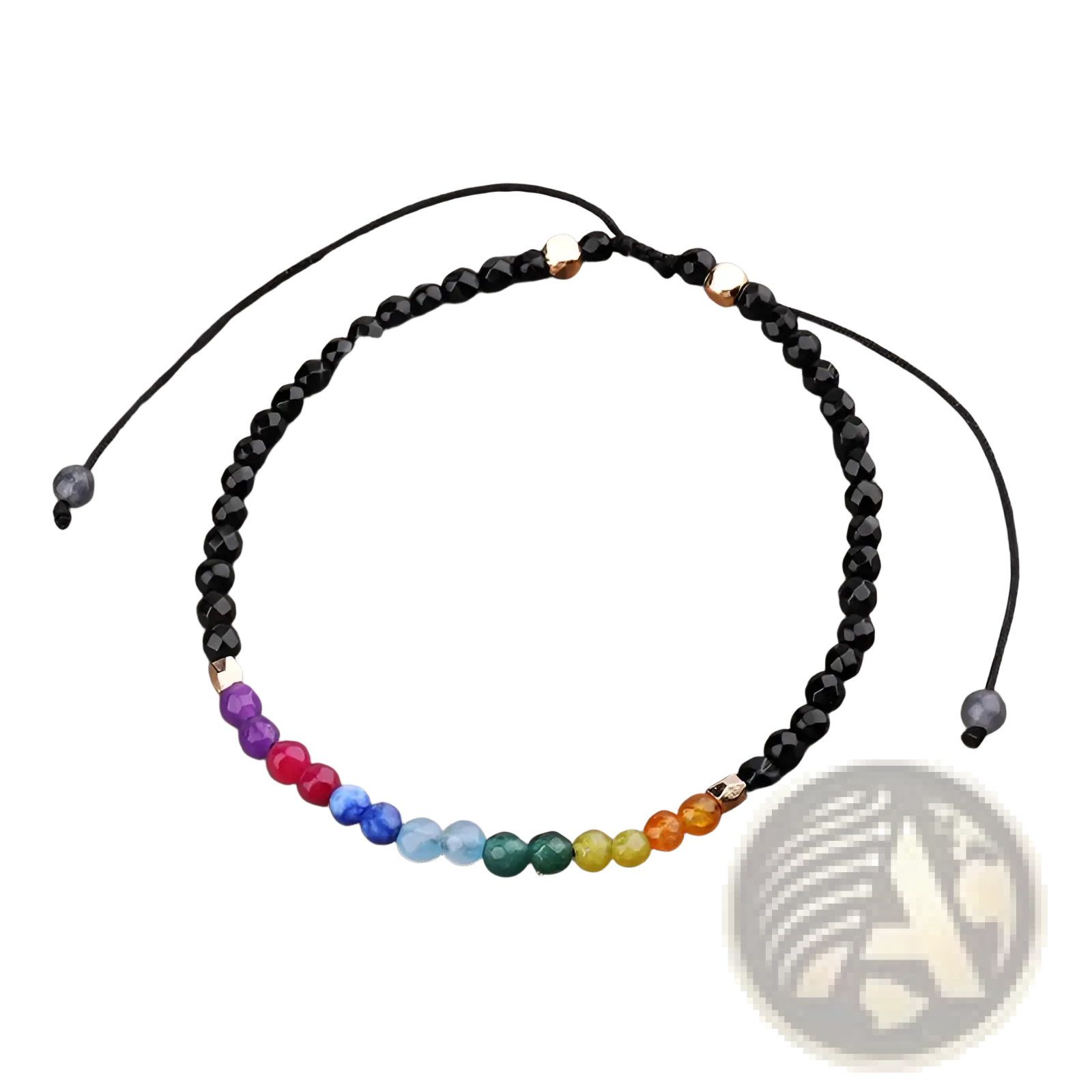 Black beaded 7 chakras constellation agate bracelet with rainbow gemstone accent and gold-toned metal spacers