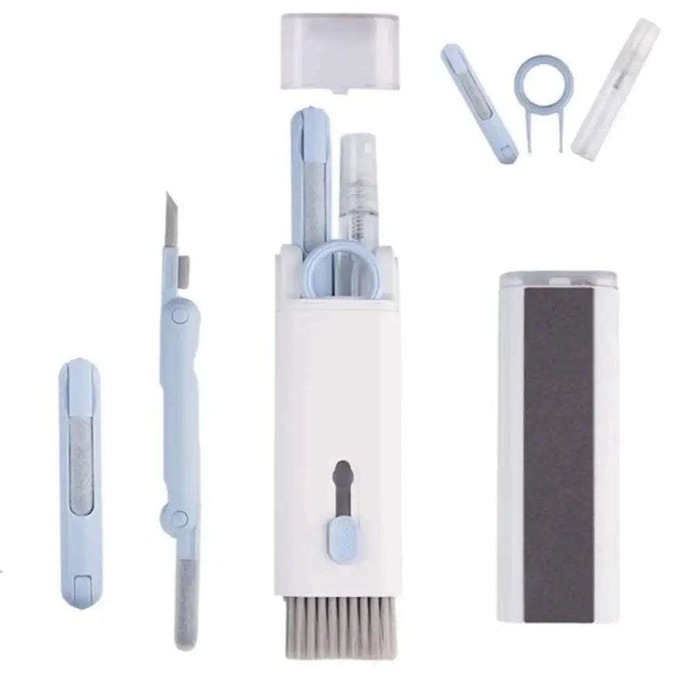 Light blue and white 7-in-1 mechanical keyboard and earphone cleaning kit with brush scraper tweezers microfiber cloth