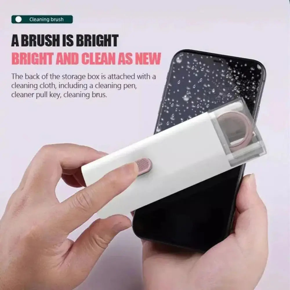 White rectangular 7-in-1 mechanical keyboard and earphone cleaning kit with transparent window showing brush inside