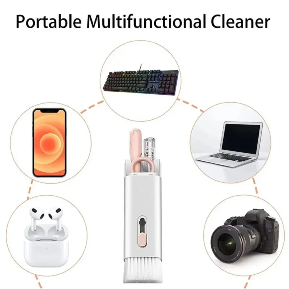 White portable multifunctional cleaner with pink accents and brush attachment for mechanical keyboard and earphone cleaning kit