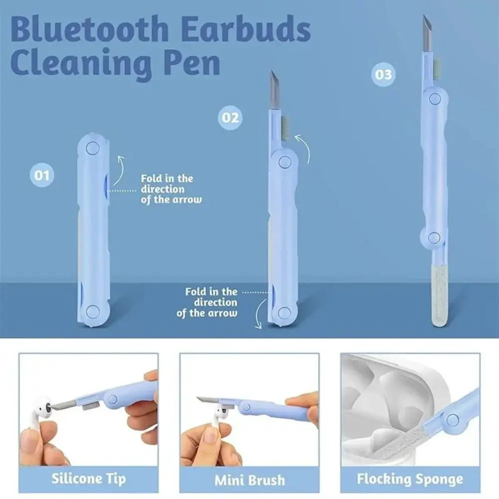 Light blue foldable Bluetooth earbud cleaning pen with silicone tip, mini brush, and flocking sponge in 7-in-1 kit