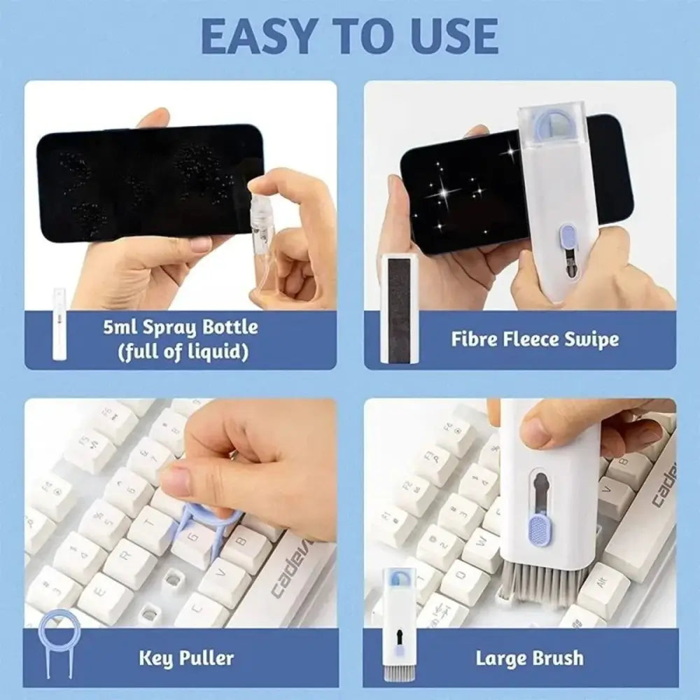 White plastic 7-in-1 mechanical keyboard and earphone cleaning kit with spray bottle, fleece swipe, key puller, and brush