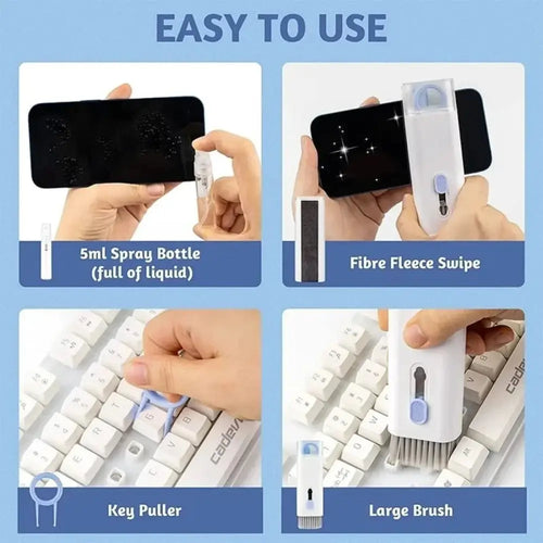 White plastic 7-in-1 mechanical keyboard and earphone cleaning kit with spray bottle, fleece swipe, key puller, and brush
