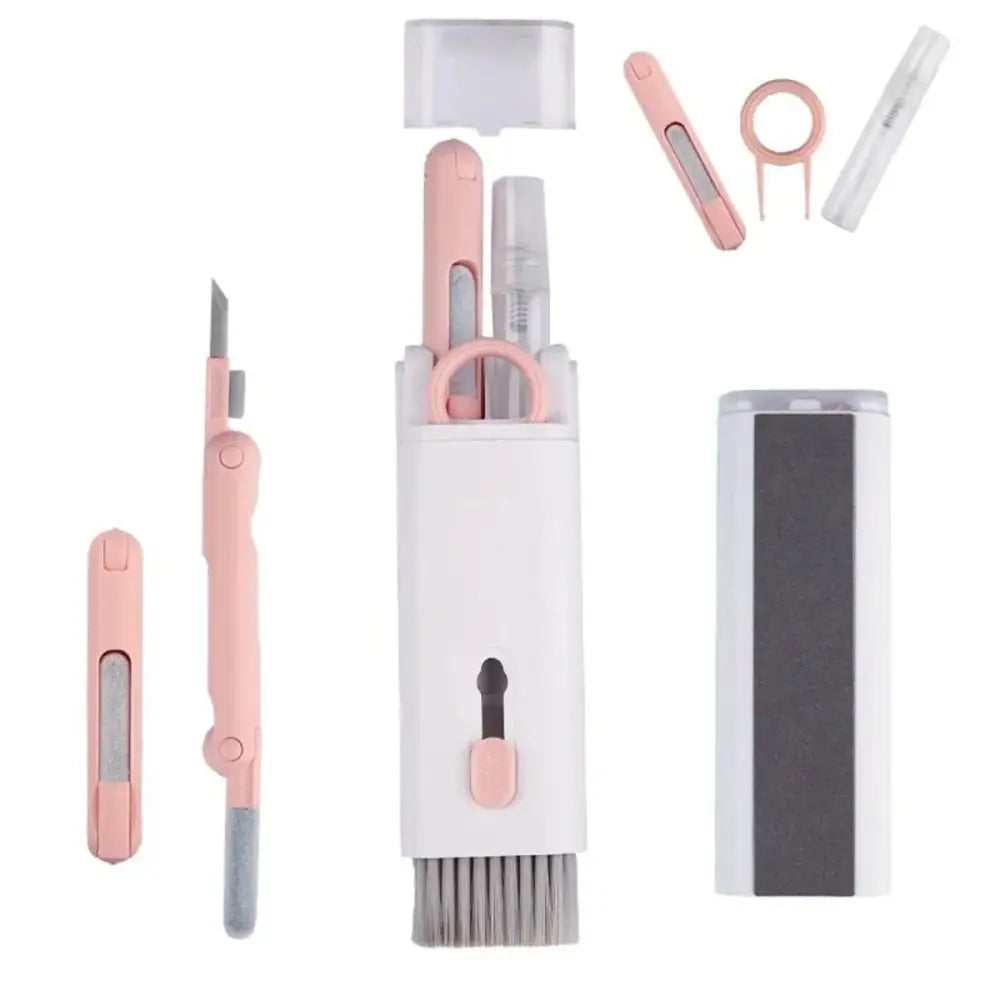 Pink and white 7-in-1 mechanical keyboard and earphone cleaning kit with brush scraper and precision multi-tool