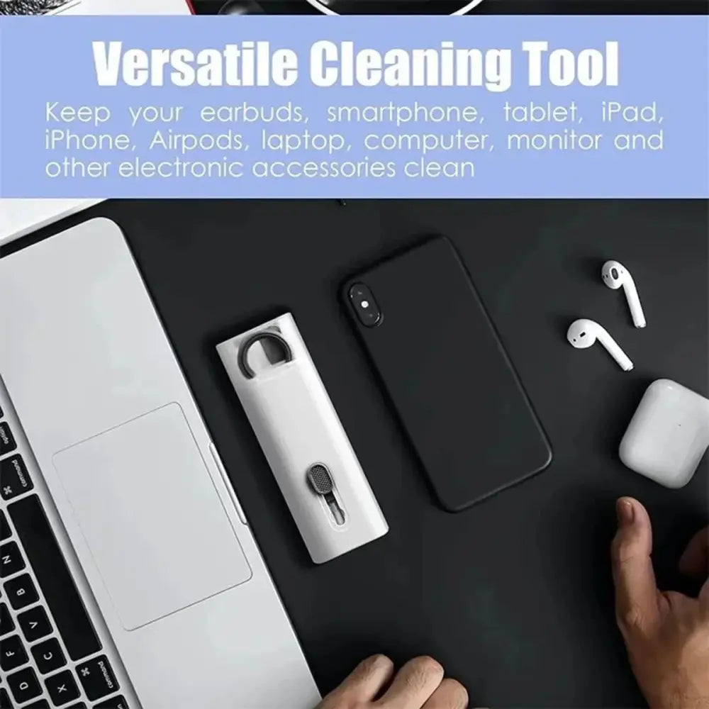 White rectangular cleaning tool with loop handle and small brush head for 7-in-1 mechanical keyboard and earphone kit